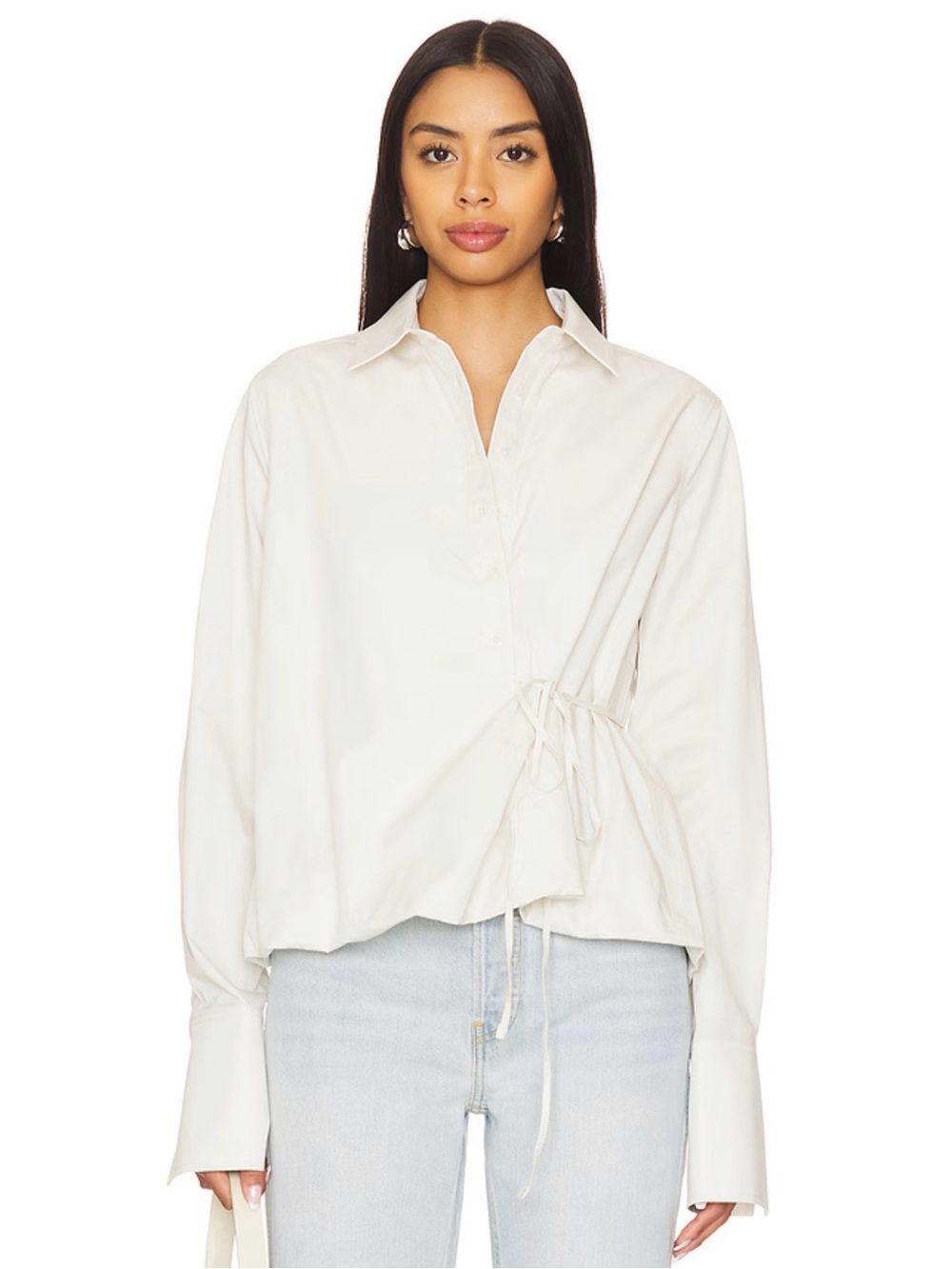 Women's Cream Button-Front Tie-Waist Blouse